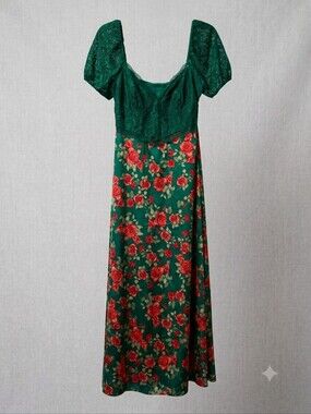 Altar'd State Dark Green Lace Rose-Pattern V-Neck Dress